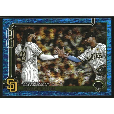 2025 Topps Blue Holo Foil #389 Celly Stick/Xander Bogaerts/Fernando Tatis Jr.
