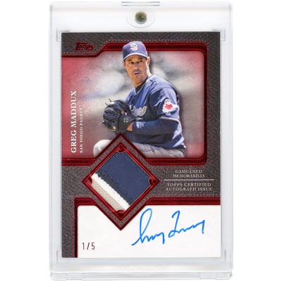 Greg Maddux San Diego Padres Autographed 2025 Topps Red Game Used Tri-Color Jersey Relic #TFAP-GM #1/5 Card