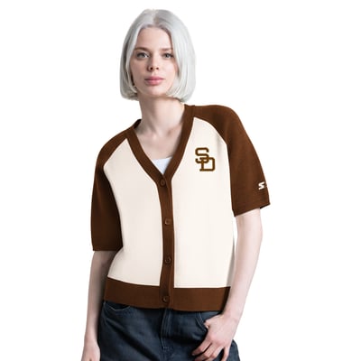 San Diego Padres Starter Women's Cooperstown Collection Key Player Tri-Blend Cropped Button-Up Raglan Short Sleeve Sweater - Cream