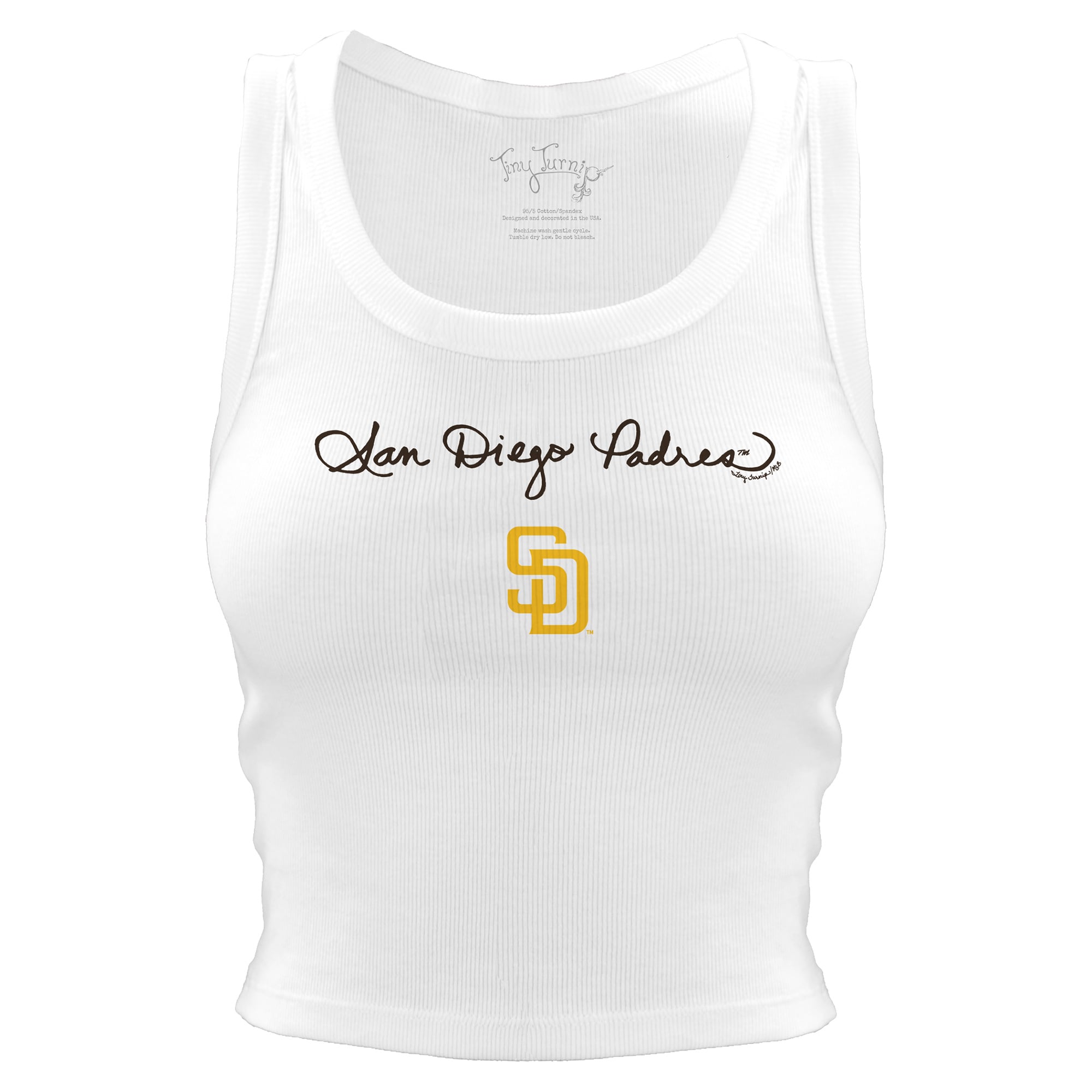 Women's San Diego Padres Tiny Turnip White Script Logo Crop Tank Top