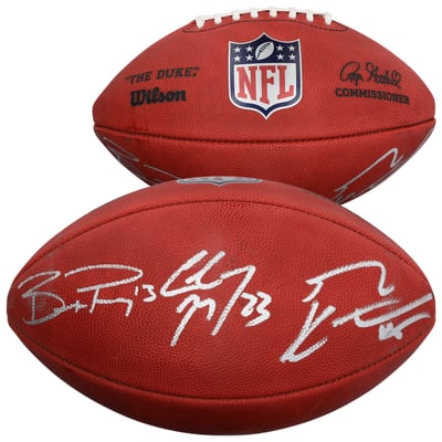 Christian McCaffrey, Brock Purdy & George Kittle San Francisco 49ers Autographed Fanatics Authentic Wilson Duke Full Color Football