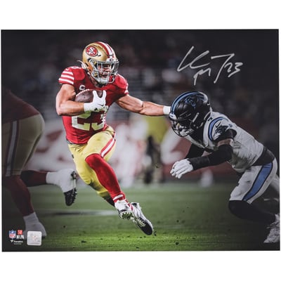 Christian McCaffrey San Francisco 49ers Autographed Fanatics Authentic 16" x 20" Stiff Arm vs. Carolina Panthers Spotlight Photograph 