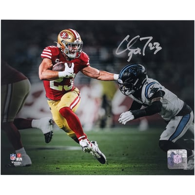 Christian McCaffrey San Francisco 49ers Autographed Fanatics Authentic 8" x 10" Stiff Arm vs. Carolina Panthers Spotlight Photograph 