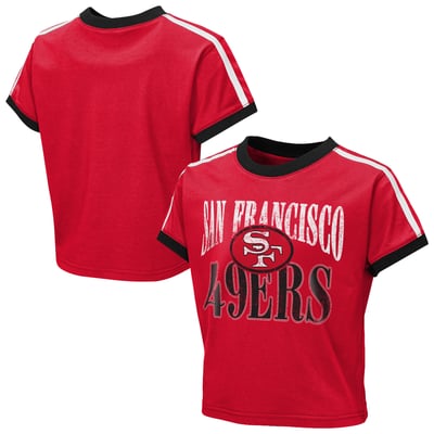  San Francisco 49ers WEAR by Erin Andrews Girls Youth  Cropped Hail Mary Ringer Baby T-Shirt - Scarlet