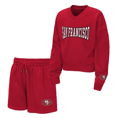  San Francisco 49ers WEAR by Erin Andrews Girls Youth Red Zone Fleece V-Neck Sweatshirt and Shorts Set - Scarlet