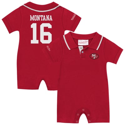 Joe Montana San Francisco 49ers Mitchell & Ness Infant Retro Roots Player Rugby Romper - Scarlet