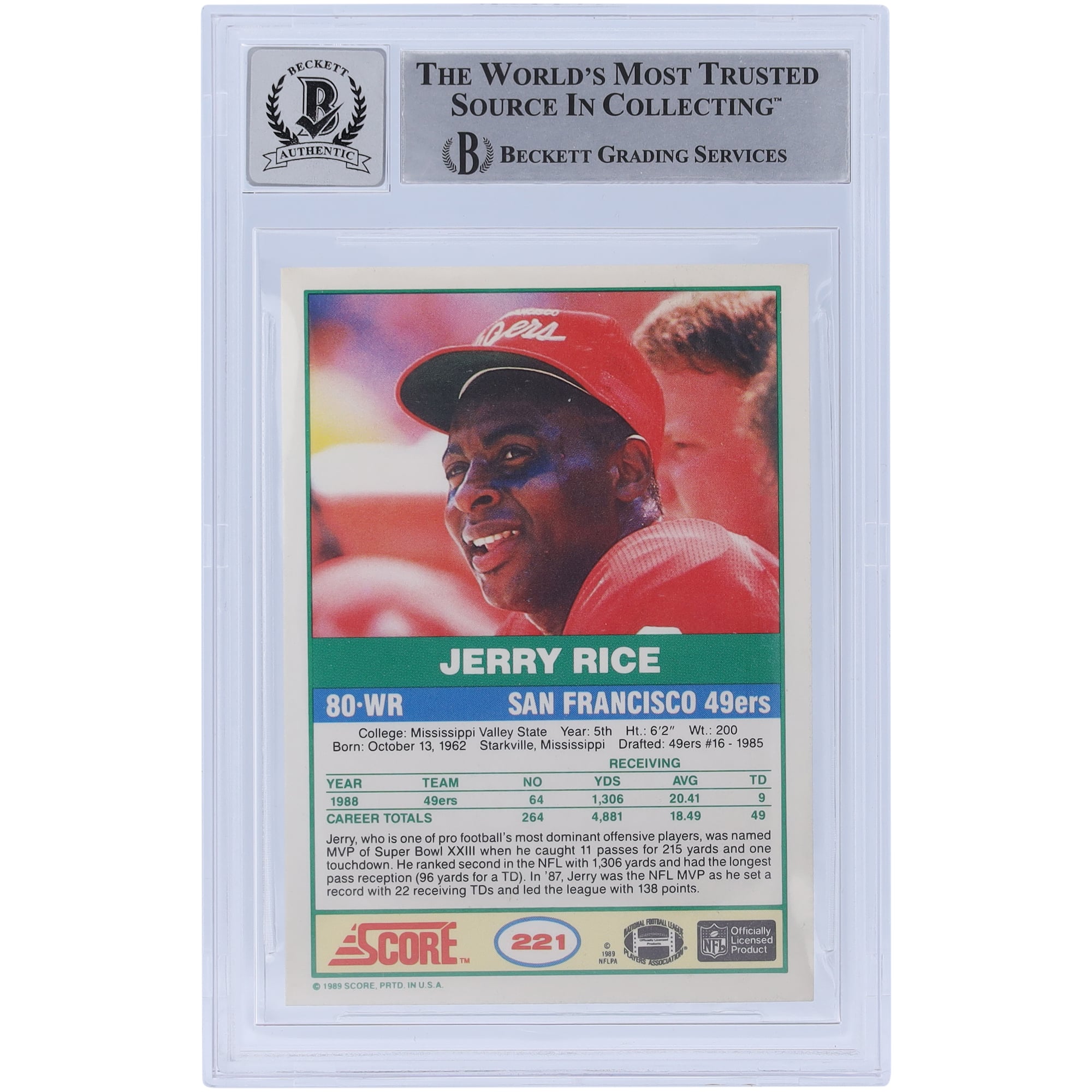 Jerry Rice San Francisco 49ers Autographed 1989 Score #221 Beckett