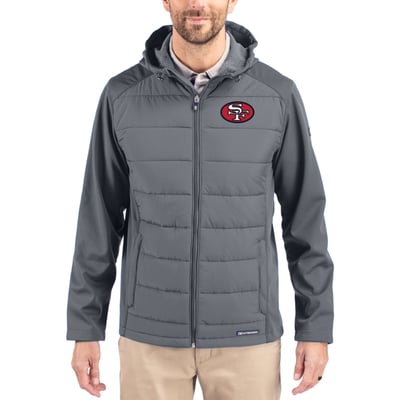 San Francisco 49ers Cutter & Buck Throwback Evoke Hybrid Eco Softshell Recycled Full-Zip Hoodie Jacket - Gray
