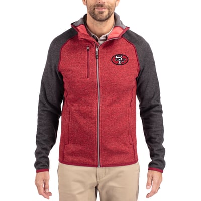  San Francisco 49ers Cutter & Buck Throwback Mainsail Sweater-Knit Full-Zip Hoodie - Scarlet/Heather Charcoal
