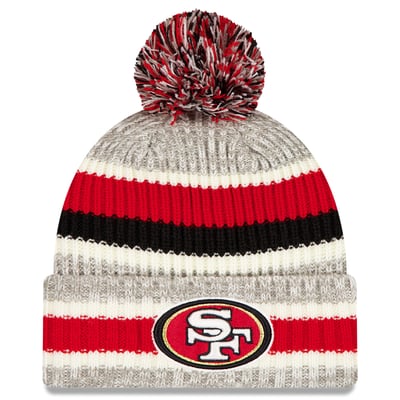 San Francisco 49ers New Era Stripe Cuff Knit Hat with Pom - Scarlet/Gray