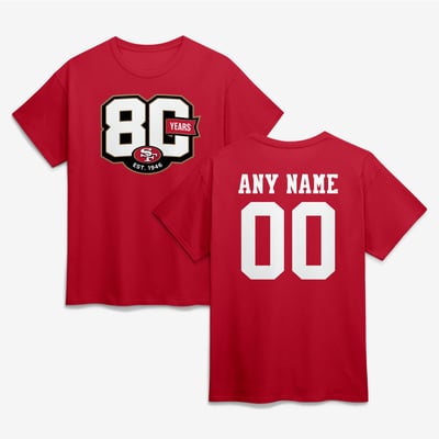 San Francisco 49ers 80th Anniversary Personalized Name & Number T-Shirt - Scarlet
