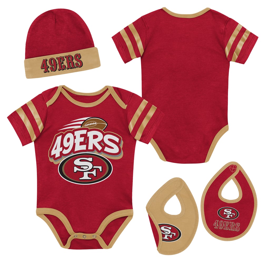 San Francisco 49ers Outerstuff Newborn Pint Prodigy Bodysuit, Bib & Cuffed Knit Hat Set - Scarlet
