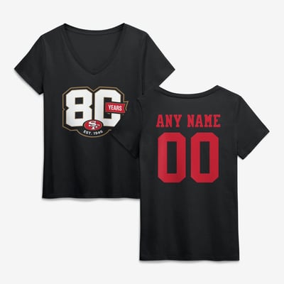 San Francisco 49ers Women's 80th Anniversary Personalized Name & Number V-Neck T-Shirt - Black