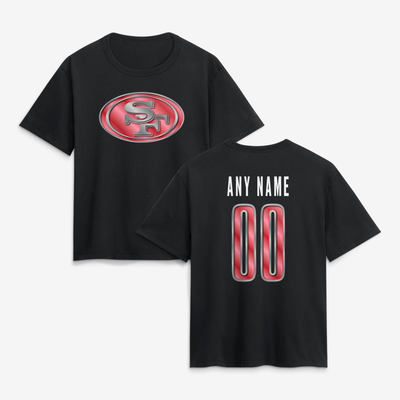 San Francisco 49ers Women's Metallic Mascot Personalized Name & Number T-Shirt - Black