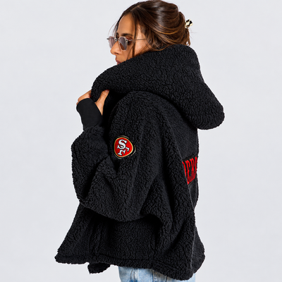 San Francisco 49ers by Jill Martin Women's Remix Cropped Chenille Patch Sherpa Lounger Jacket - Black
