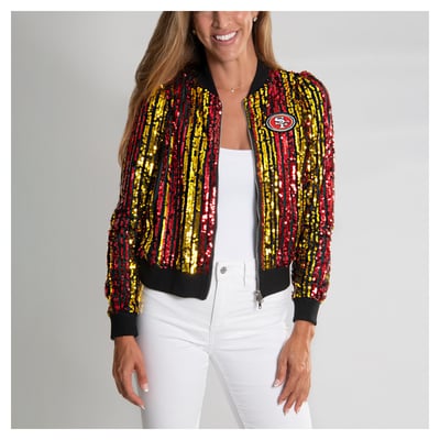  San Francisco 49ers FABGATING by Cuce Women's Slim Fit Sequin Striped Full-Zip Bomber Jacket - Scarlet