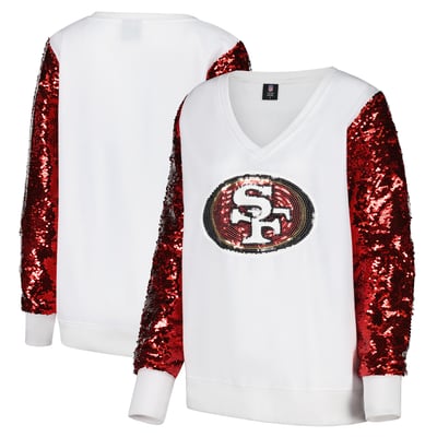 San Francisco 49ers FABGATING by Cuce Women's Sequin Sleeve V-Neck Sweatshirt- White