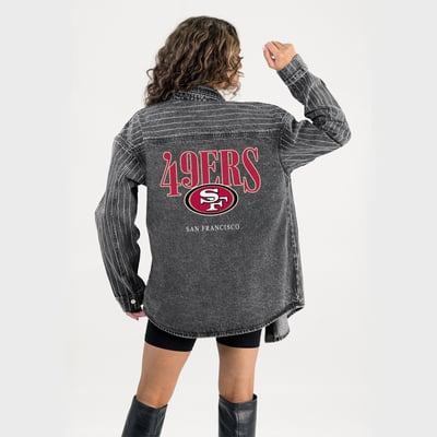  San Francisco 49ers Gameday Couture Women's End Zone Energy Rhinestone Washed Full-Snap Denim Overshirt - Black