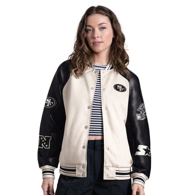 San Francisco 49ers Starter Women's End Zone Varsity Raglan Full Snap Jacket - Cream