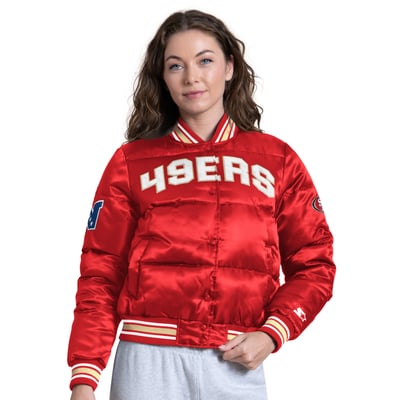 San Francisco 49ers Starter Women's Pump Fake Puffer Full Snap Cropped Jacket - Scarlet