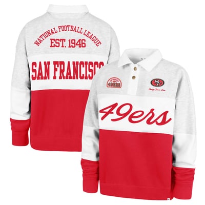 San Francisco 49ers Stoney Clover Lane x '47 Women's Cursive Paneled Rugby Fleece Shirt - Gray/Scarlet