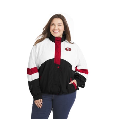  San Francisco 49ers WEAR by Erin Andrews Women's  Plus Size Crinkle Full-Zip Hooded Windbreaker - White/Black