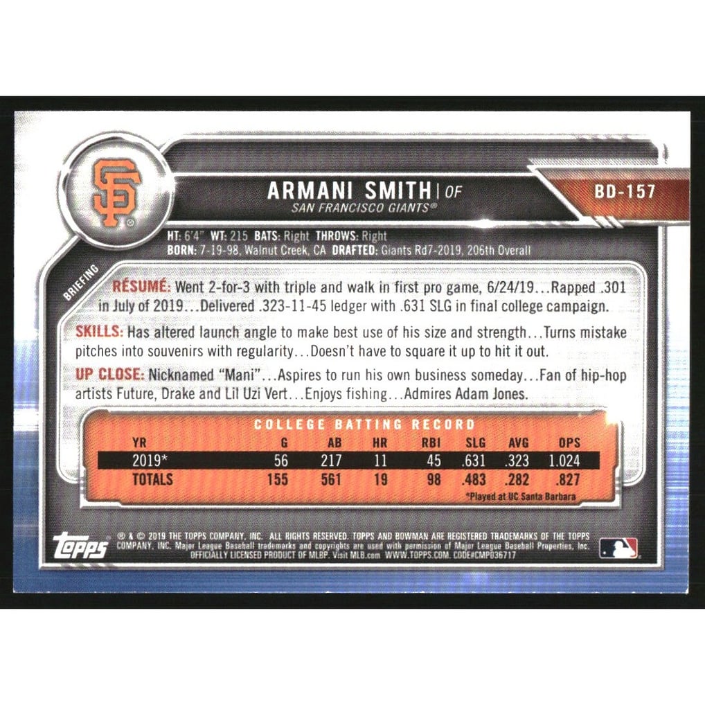 2019 Bowman Draft Blue #BD157 Armani Smith