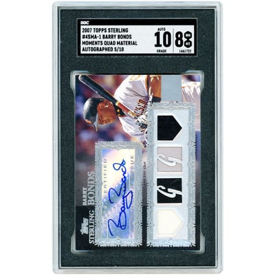 Barry Bonds San Francisco Giants Autographed 2007 Topps Sterling Quad Game Used Relic #4SMA-1 #5/10 SGC Authenticated 8/10 Card