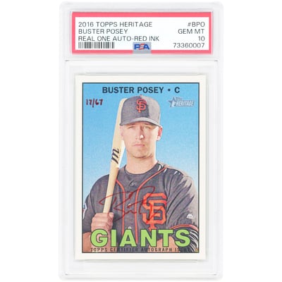 Buster Posey San Francisco Giants Autographed 2016 Topps Heritage Real One Red Ink #ROA-BPO #17/67 PSA Authenticated 10 Card