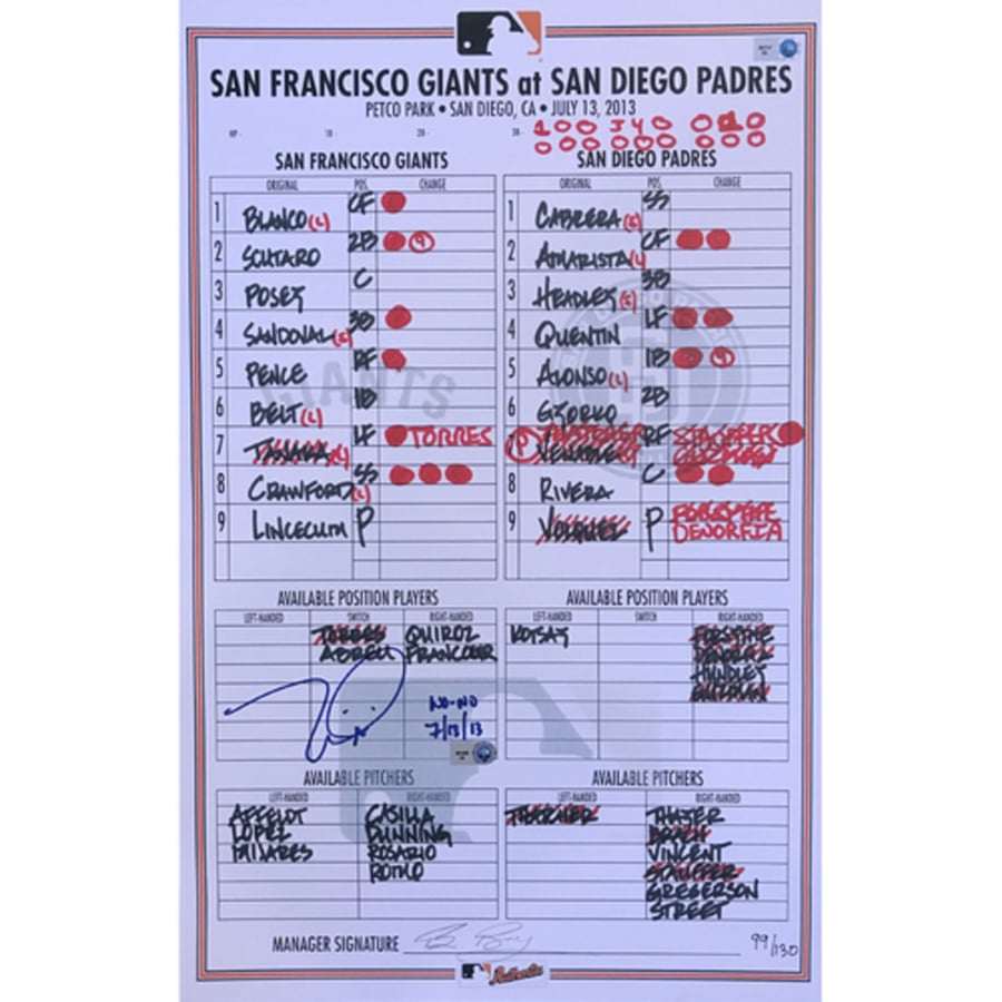 Replica Lineup Card Tim Lincecum 2nd No Hitter