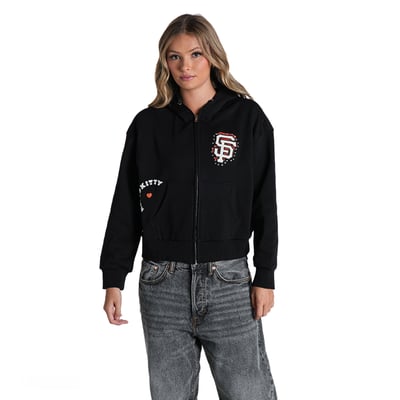  San Francisco Giants The Wild Collective Women's Hello Kitty Cropped Full-Zip Hoodie - Black
