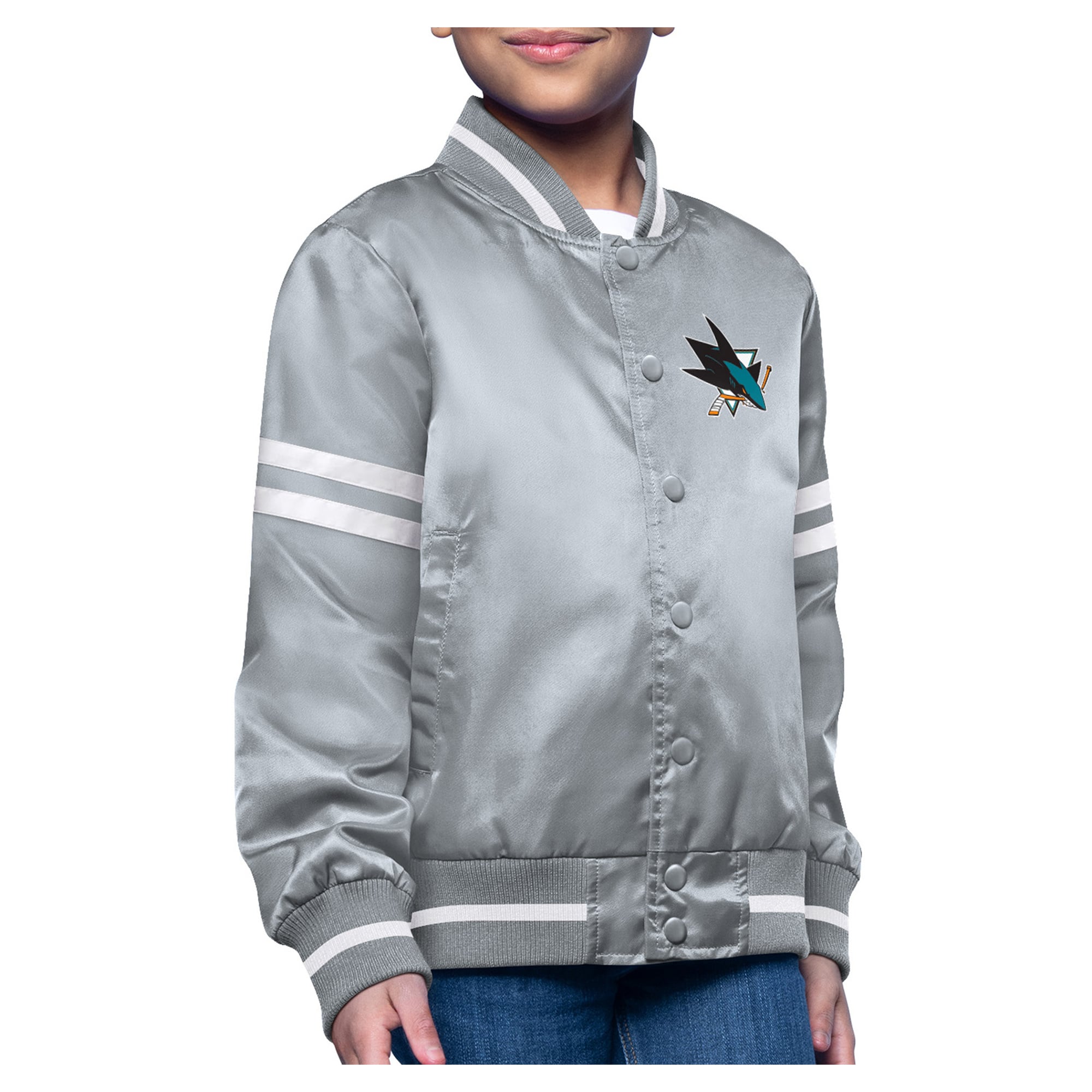 Youth San Jose Sharks Starter Gray Printed Logo Satin Varsity Full 
