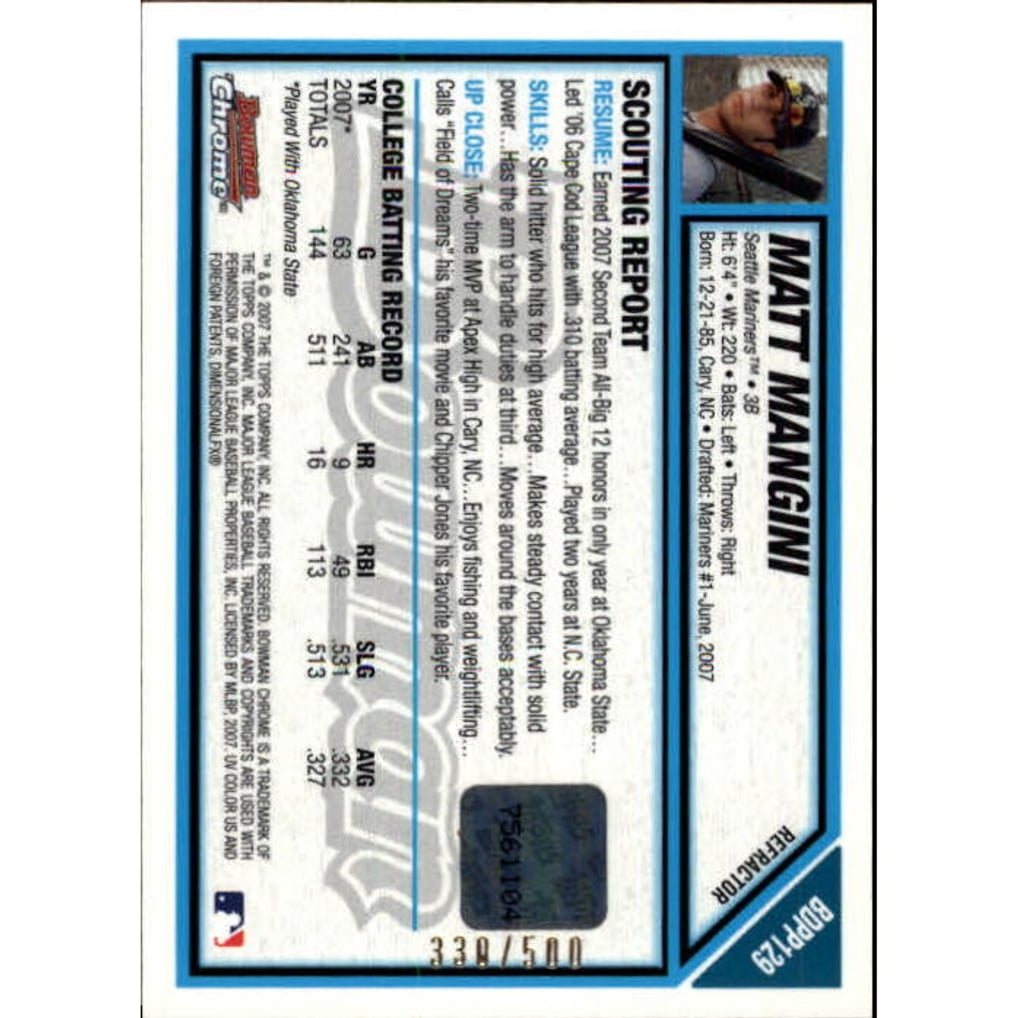 2007 Bowman Chrome Draft Draft Picks Refractors #BDPP129 Matt Mangini AU