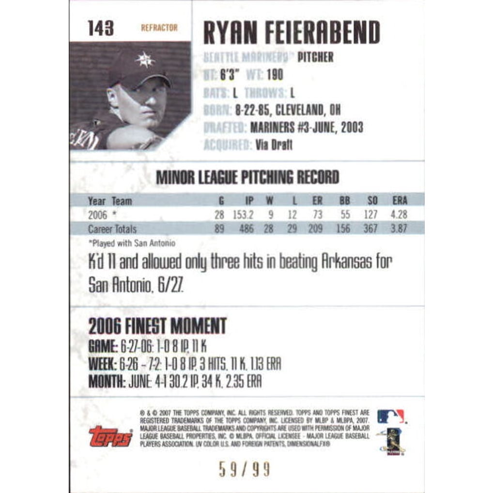 2007 Finest Refractors Black #143 Ryan Feierabend