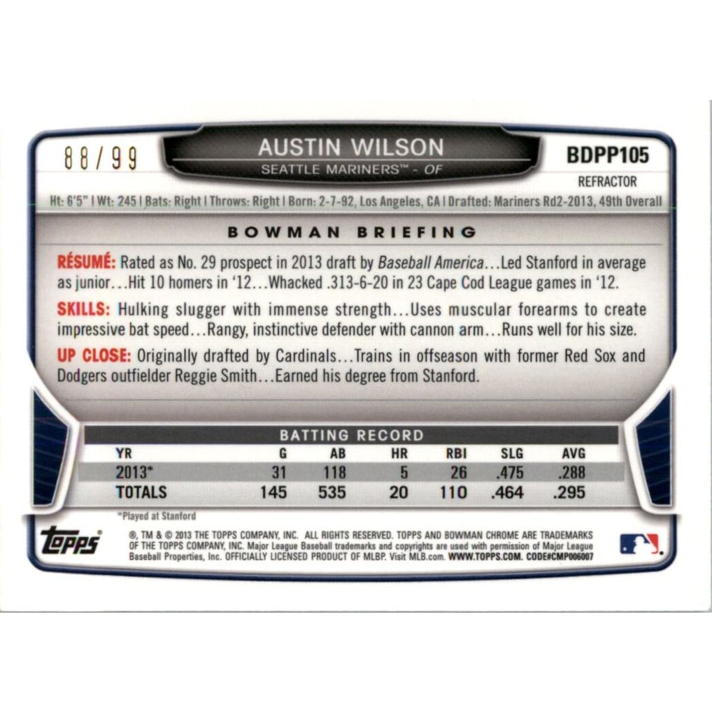 2013 Bowman Chrome Draft Draft Picks Blue Refractors #BDPP105 Austin Wilson