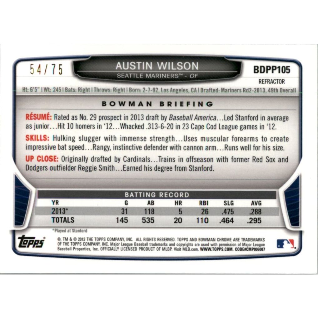 2013 Bowman Chrome Draft Draft Picks Green Refractors #BDPP105 Austin Wilson
