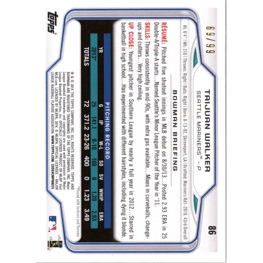 2014 Bowman Yellow #86 Taijuan Walker