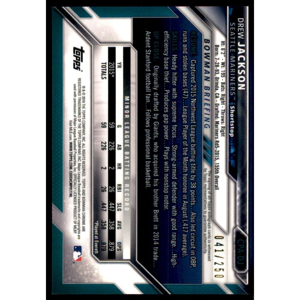 2016 Bowman Chrome Prospect Autographs Purple Refractors #CPADJ Drew Jackson