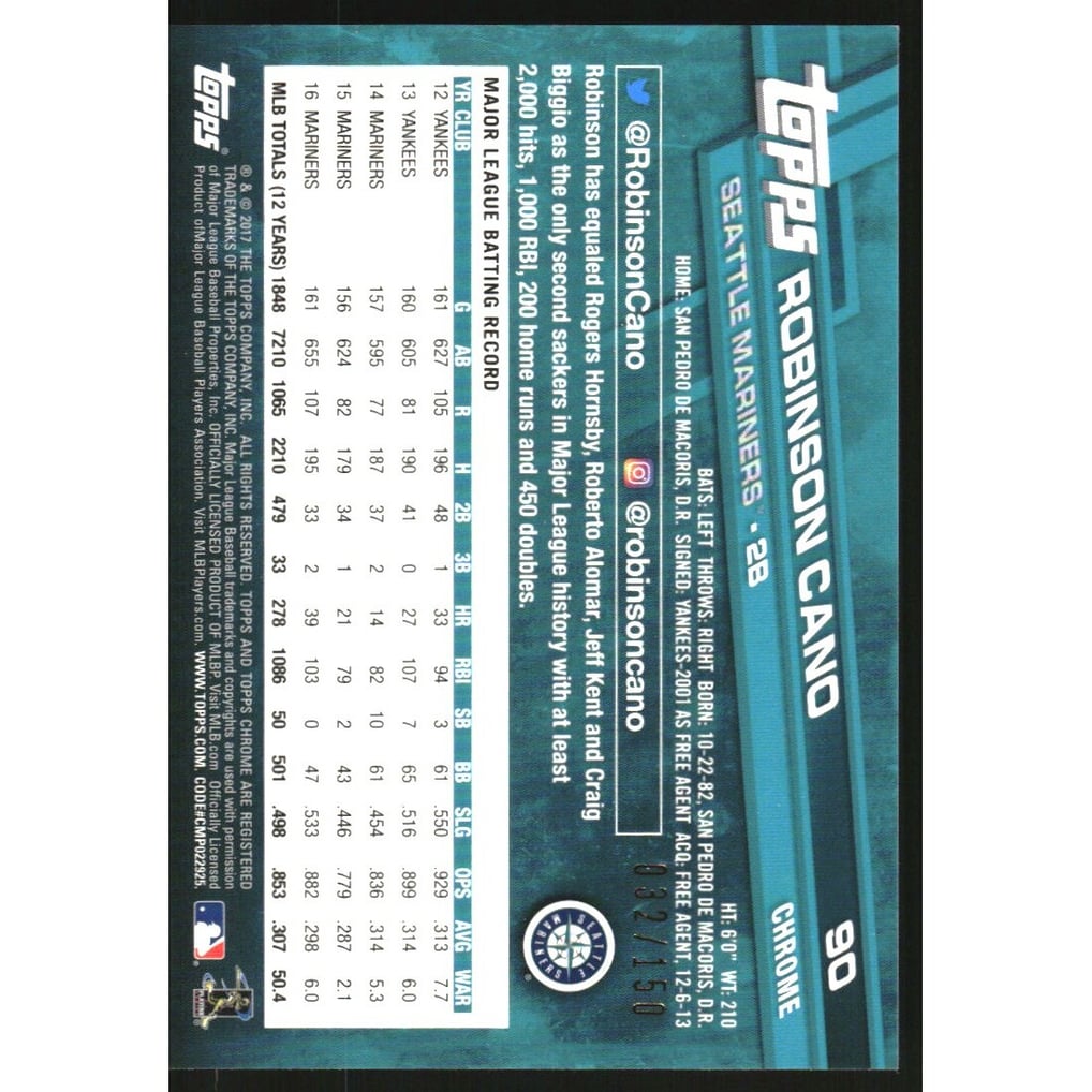 2017 Topps Chrome Blue Refractors #90 Robinson Cano