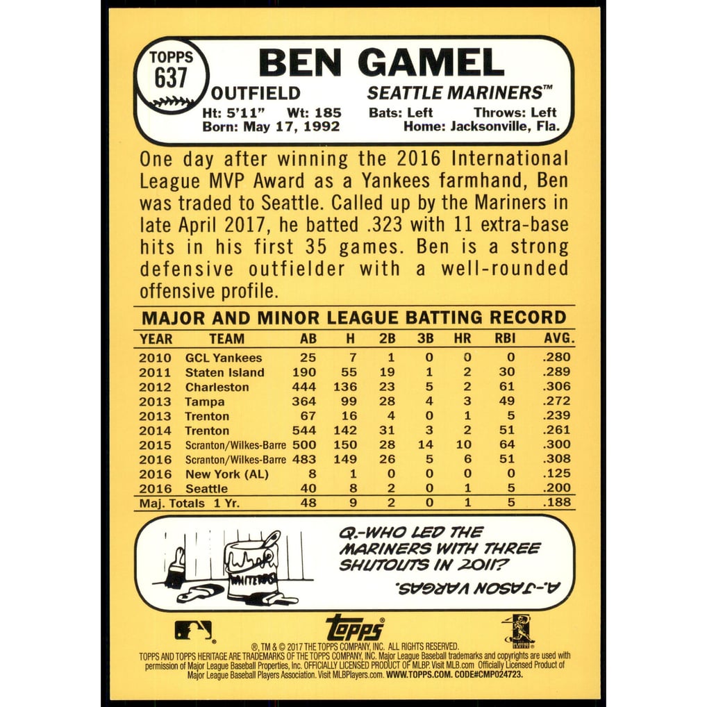 2017 Topps Heritage 5x7 #637 Ben Gamel