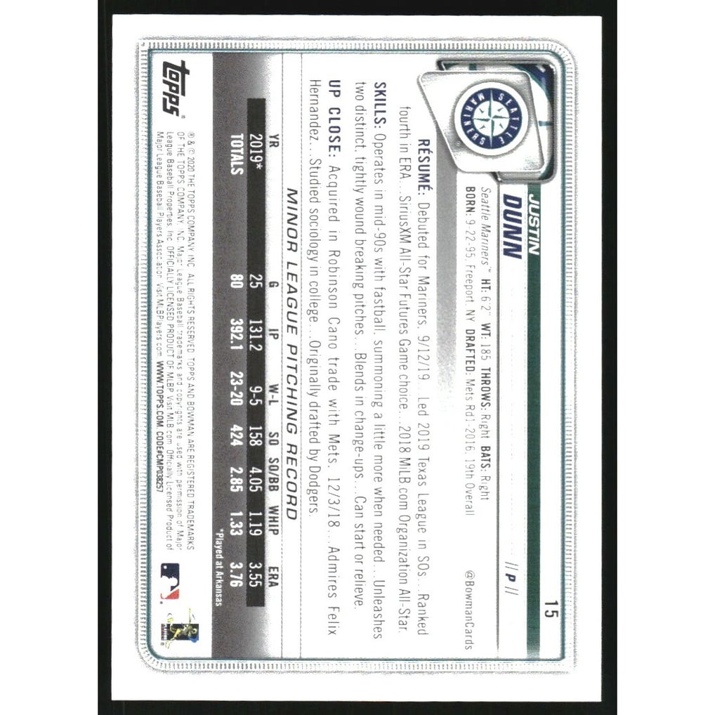 2020 Bowman Gold #15 Justin Dunn
