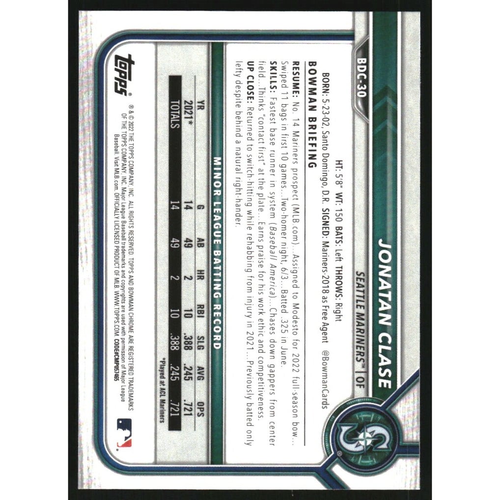 2022 Bowman Chrome Draft Sapphire #BDC30 Jonatan Clase