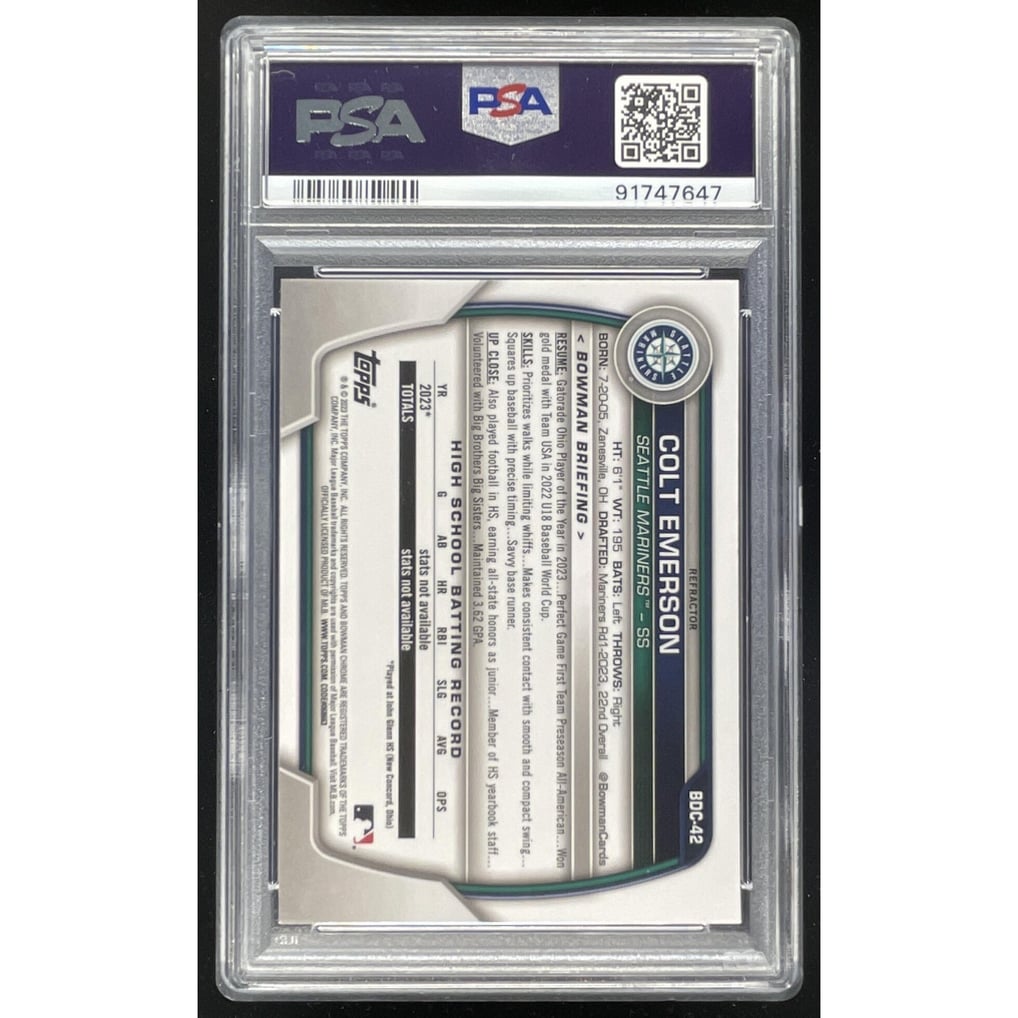 2023 Bowman Draft Chrome Refractor #BDC-42 Colt Emerson RC PSA 10