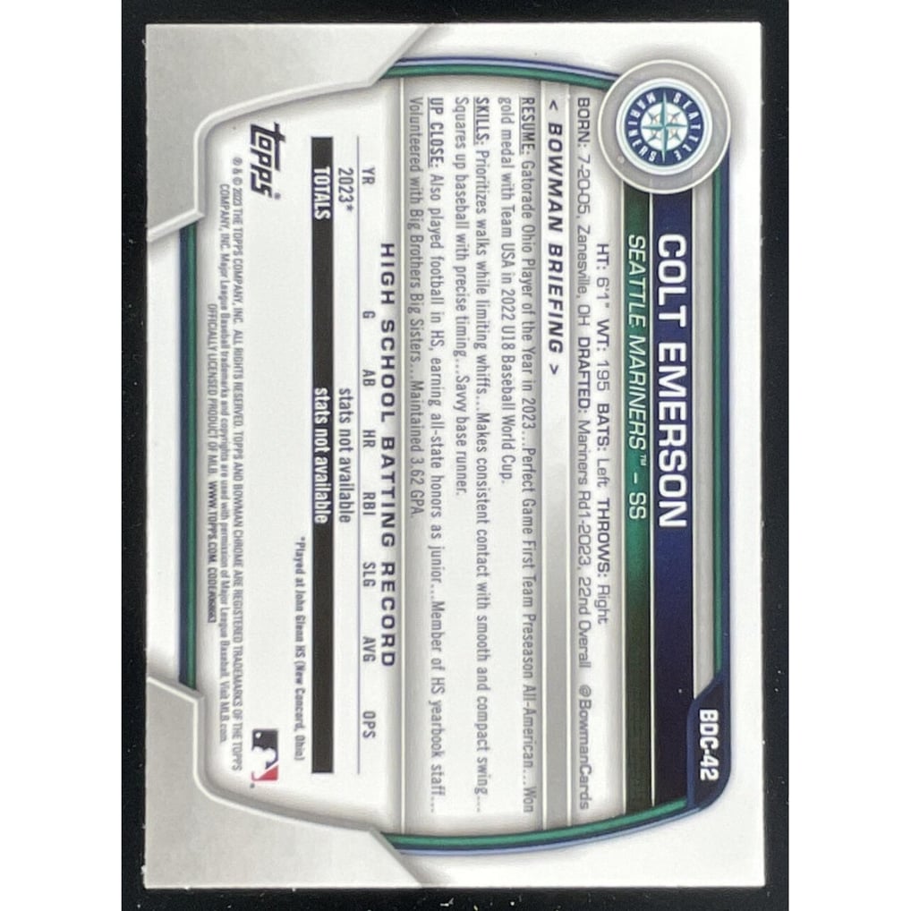 2023 Bowman Draft Chrome Sparkle Refractor #BDC-42 Colt Emerson RC