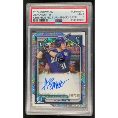 2024 Bowman Chrome Prospect Speckle #CPA-ASM Aidan Smith RC Auto /299 PSA 9