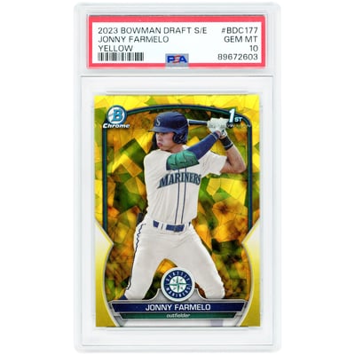 Jonny Farmelo Seattle Mariners 2023 Bowman Chrome Sapphire 1st Bowman Yellow Refractor #BDC-177 #13/75 PSA Authenticated 10 Card