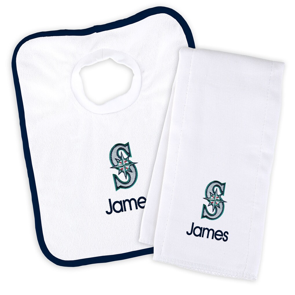Seattle Mariners Newborn & Infant Personalized Bib & Burp Cloth Set - White