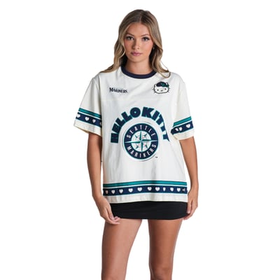  Seattle Mariners The Wild Collective Women's Hello Kitty Drop Shoulder T-Shirt - White