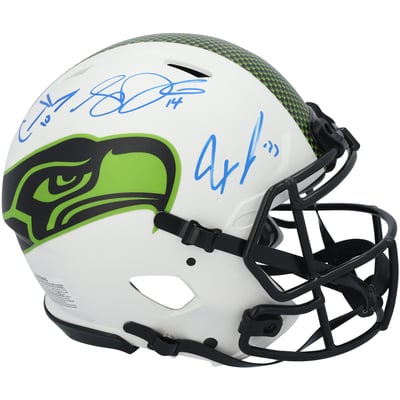 Cooper Kupp, Sam Darnold & Jaxon Smith-Njigba Seattle Seahawks Autographed Fanatics Authentic Riddell Lunar Speed Authentic Helmet 