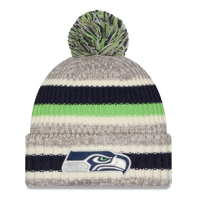 Seattle Seahawks New Era Girls Youth Stripe Cuffed Knit Hat with Pom - College Navy/Beige